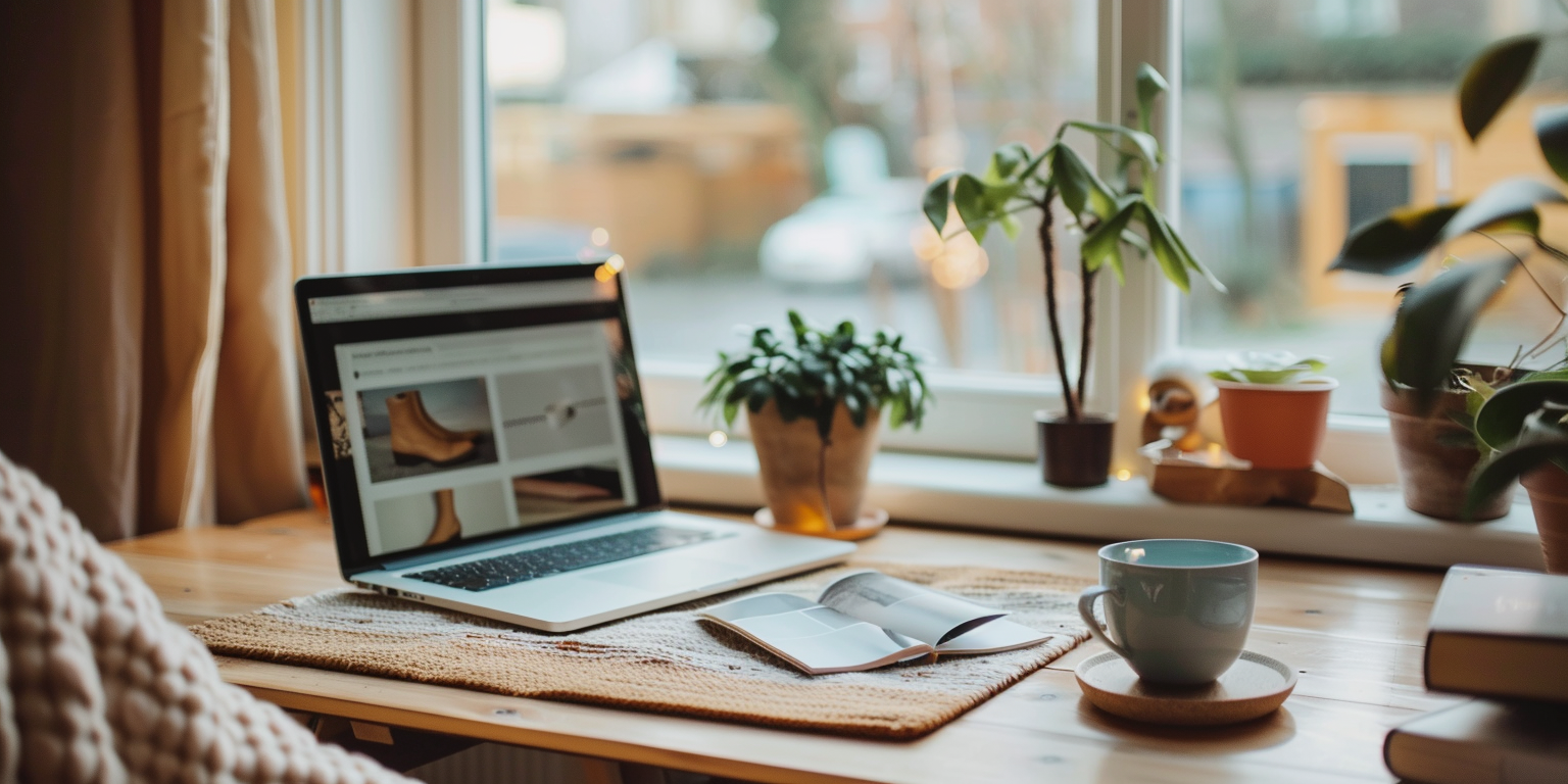 Gezellige werkplek met laptop open op een schoenenwebshop met blogs, naast een kop koffie en planten op de vensterbank.