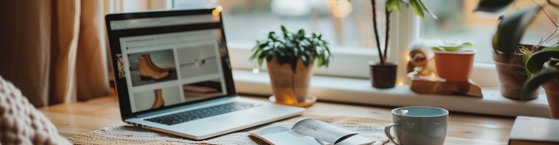 Gezellige werkplek met laptop open op een schoenenwebshop met blogs, naast een kop koffie en planten op de vensterbank.