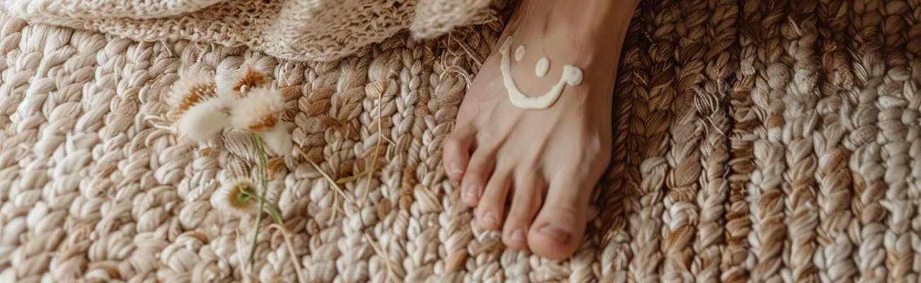 Voet op een geweven vloerkleed met een smiley van crème op de wreef, naast een zachte deken en droogbloemen.