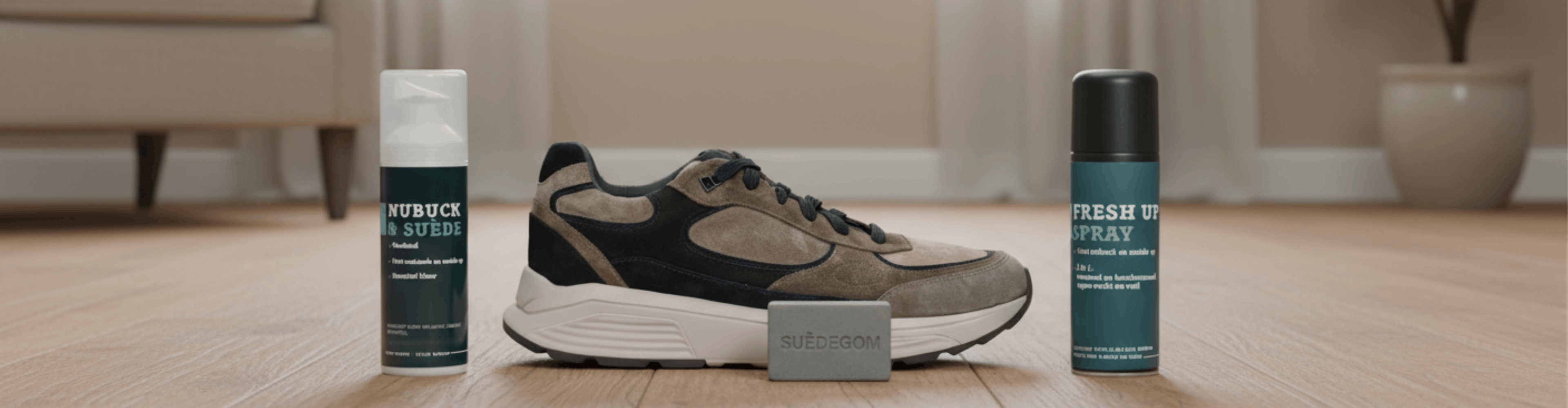 Grijs-zwarte suède sneaker geplaatst tussen Nubuck & Suède spray, Fresh Up spray en een suèdegom in een sfeervol interieur.