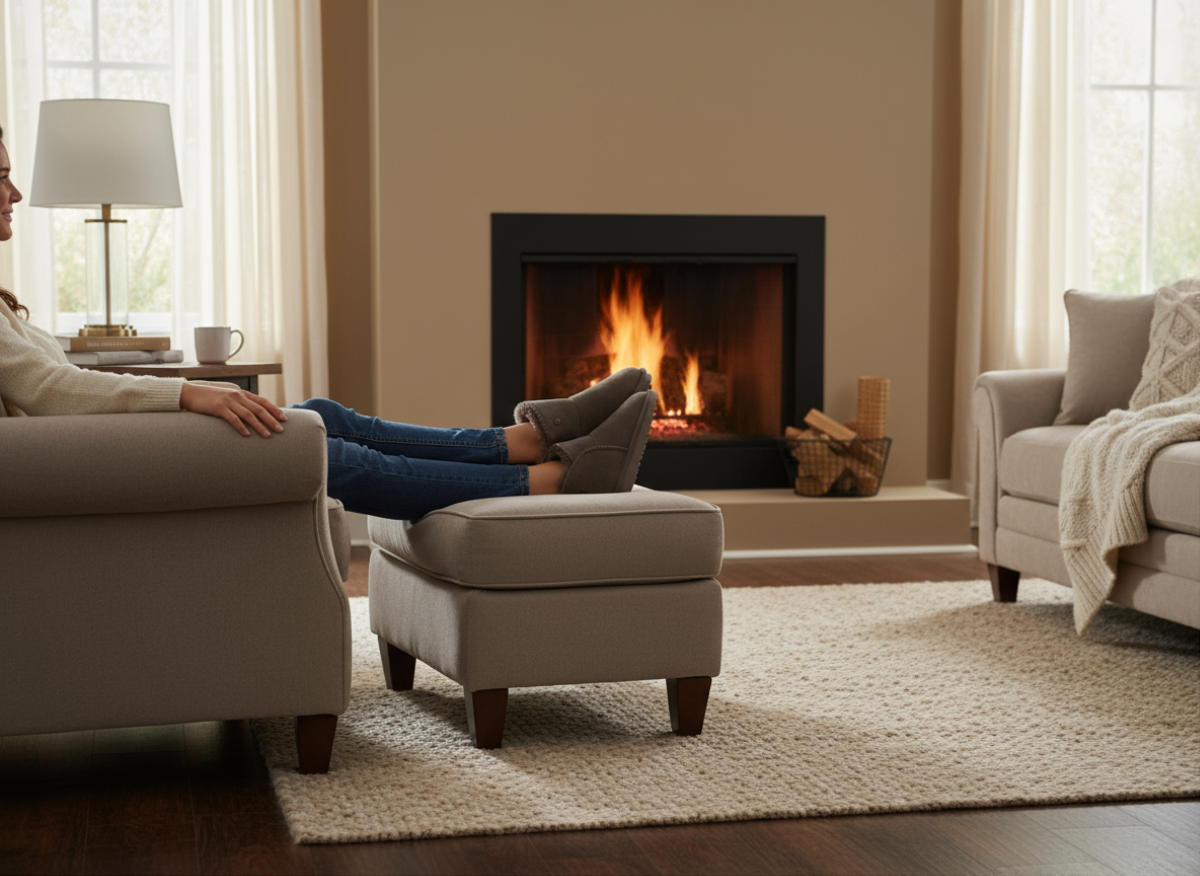 Vrouw ontspant in een fauteuil bij de open haard en draagt grijze pantoffels met warme voering.
