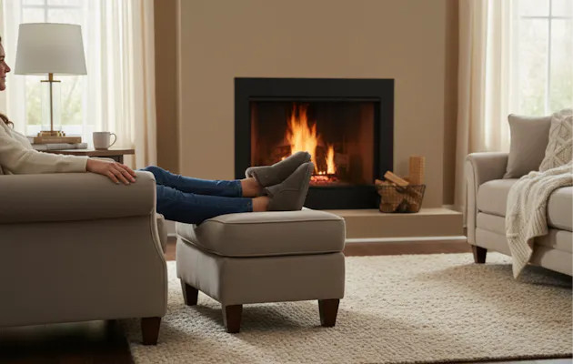 Vrouw ontspant in een fauteuil bij de open haard en draagt grijze pantoffels met warme voering.