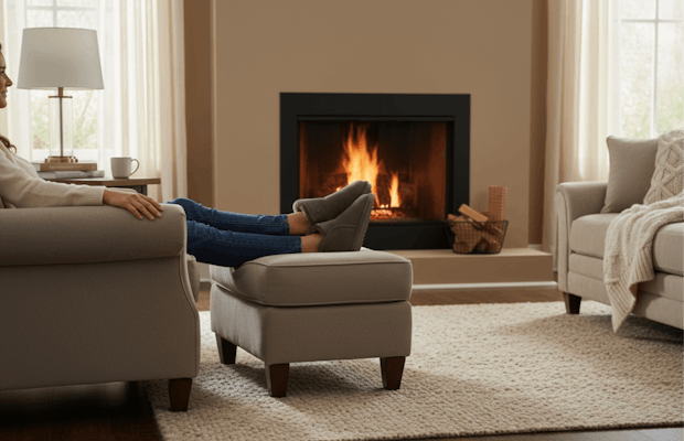 Vrouw ontspant in een fauteuil bij de open haard en draagt grijze pantoffels met warme voering.