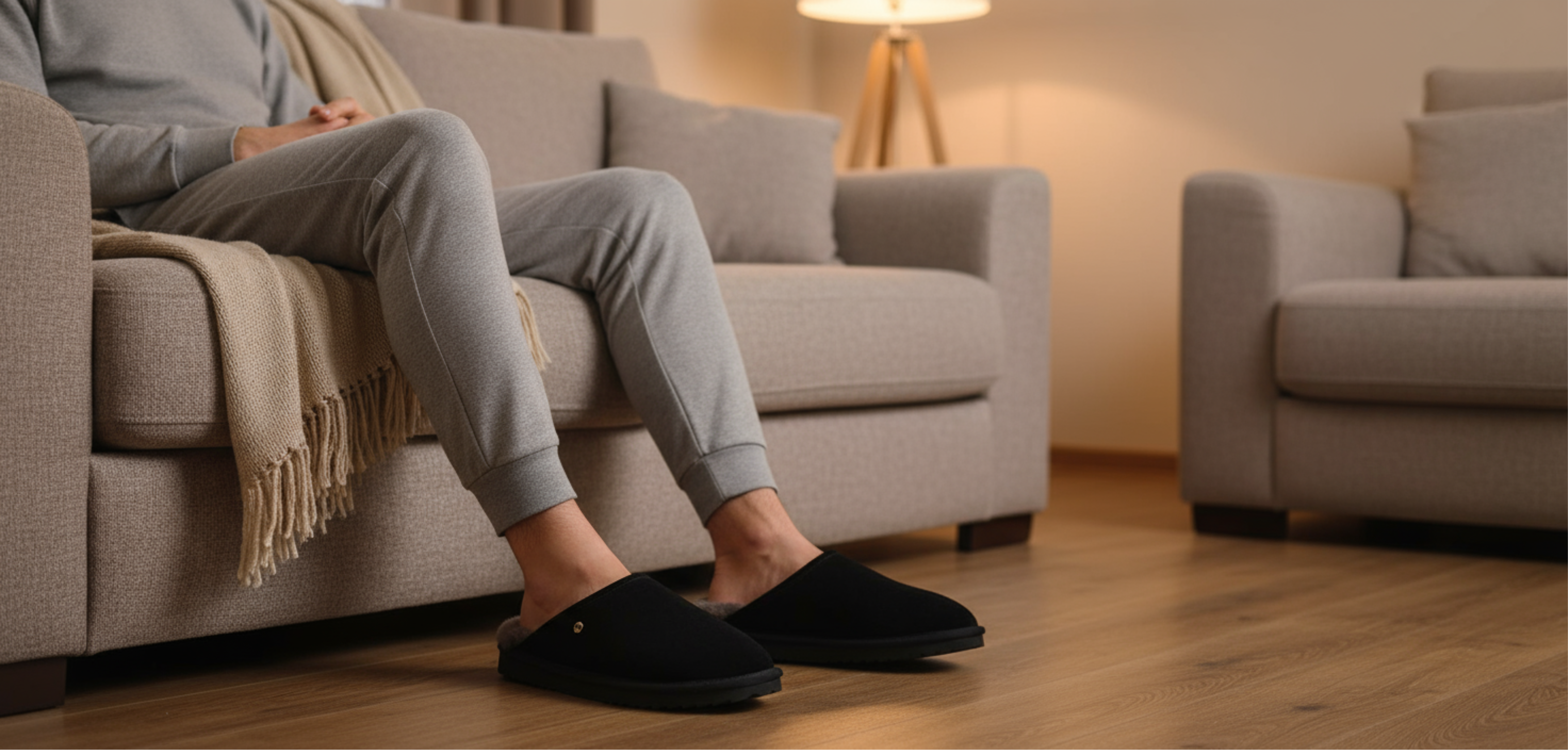 Man in grijs loungepak zit ontspannen op de bank en draagt zwarte herenpantoffels met warme voering.
