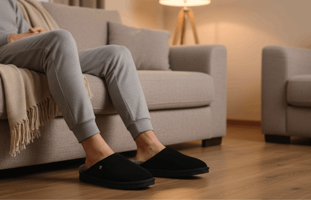 Man in grijs loungepak zit ontspannen op de bank en draagt zwarte herenpantoffels met warme voering.