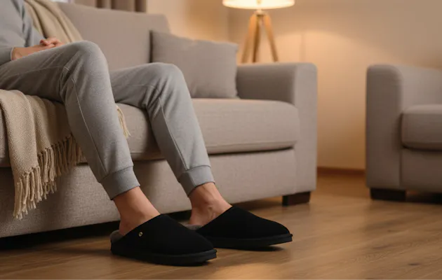 Man in grijs loungepak zit ontspannen op de bank en draagt zwarte herenpantoffels met warme voering.
