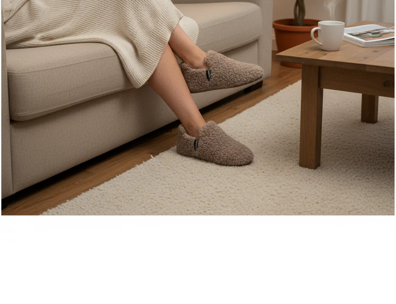 Vrouw in een lange beige gebreide jurk zit ontspannen op de bank en draagt zachte teddy damespantoffels.