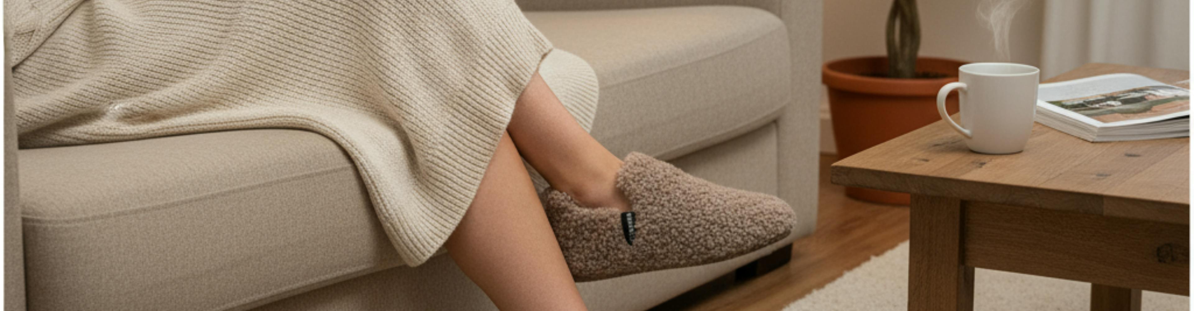 Vrouw in een lange beige gebreide jurk zit ontspannen op de bank en draagt zachte teddy damespantoffels.