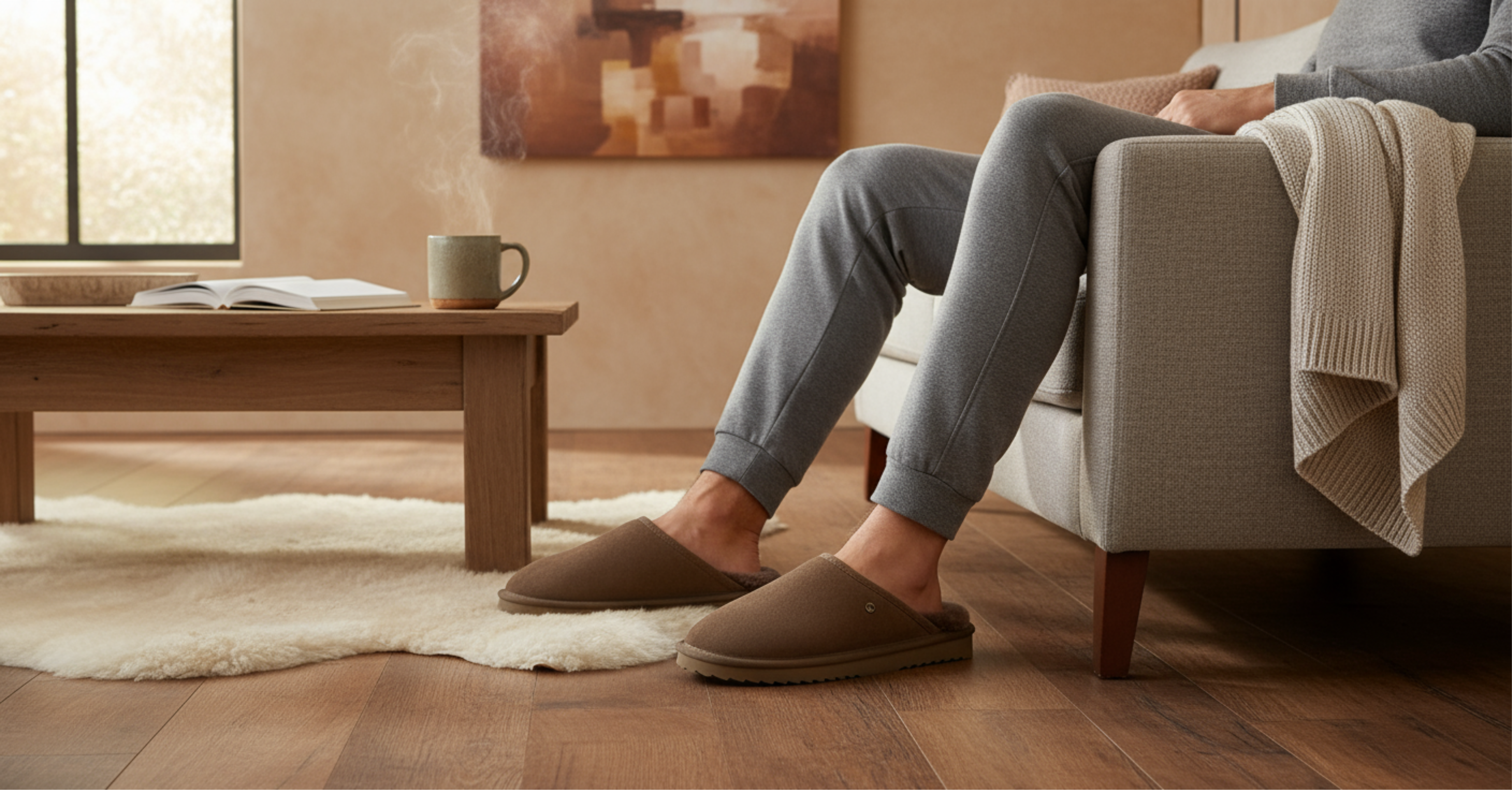 Man in grijze loungewear zit ontspannen op de bank en draagt bruine herenpantoffels, met een warme sfeer in het interieur.