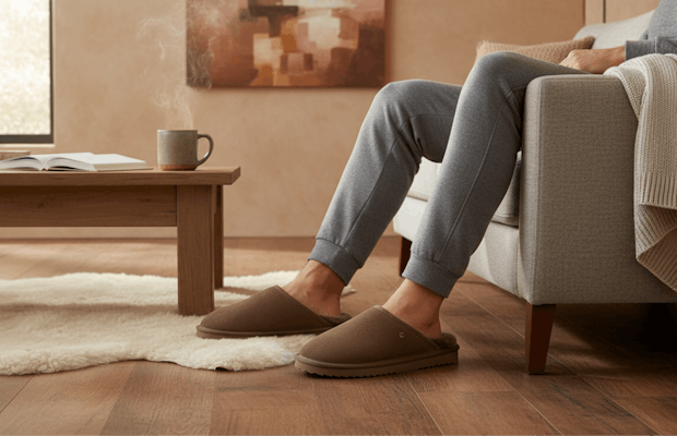 Man in grijze loungewear zit ontspannen op de bank en draagt bruine herenpantoffels, met een warme sfeer in het interieur.