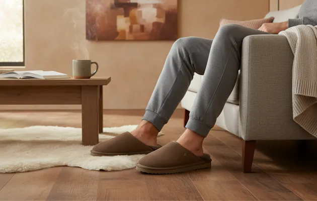 Man in grijze loungewear zit ontspannen op de bank en draagt bruine herenpantoffels, met een warme sfeer in het interieur.