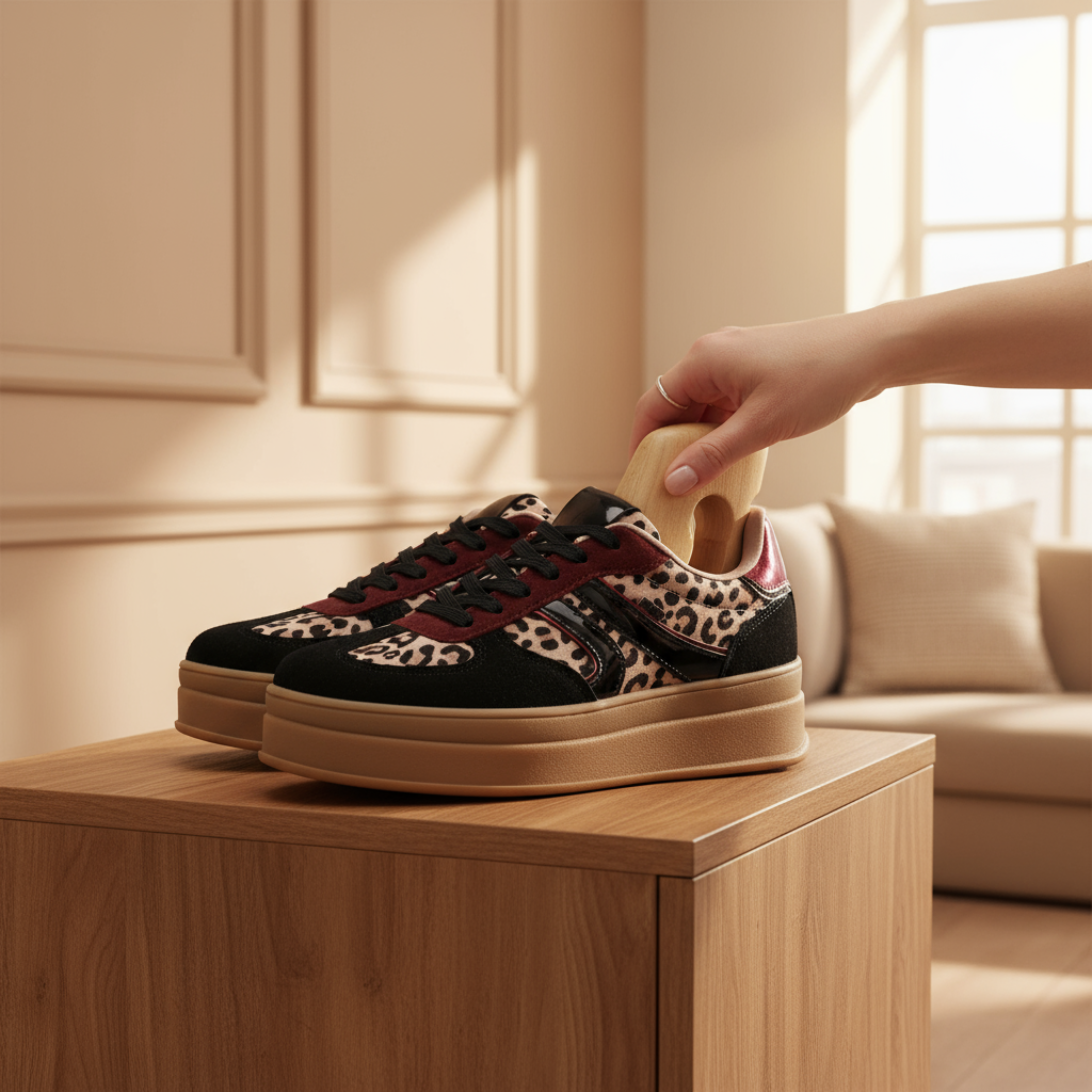 Close-up van zwarte dames sneakers met panterprint en bruine zool, geplaatst op een houten tafel in een lichte woonkamer, ideaal voor een modieuze en comfortabele uitstraling.