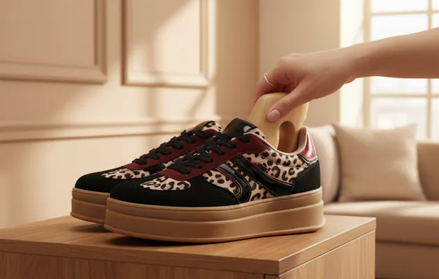 Close-up van zwarte dames sneakers met panterprint en bruine zool, geplaatst op een houten tafel in een lichte woonkamer, ideaal voor een modieuze en comfortabele uitstraling.