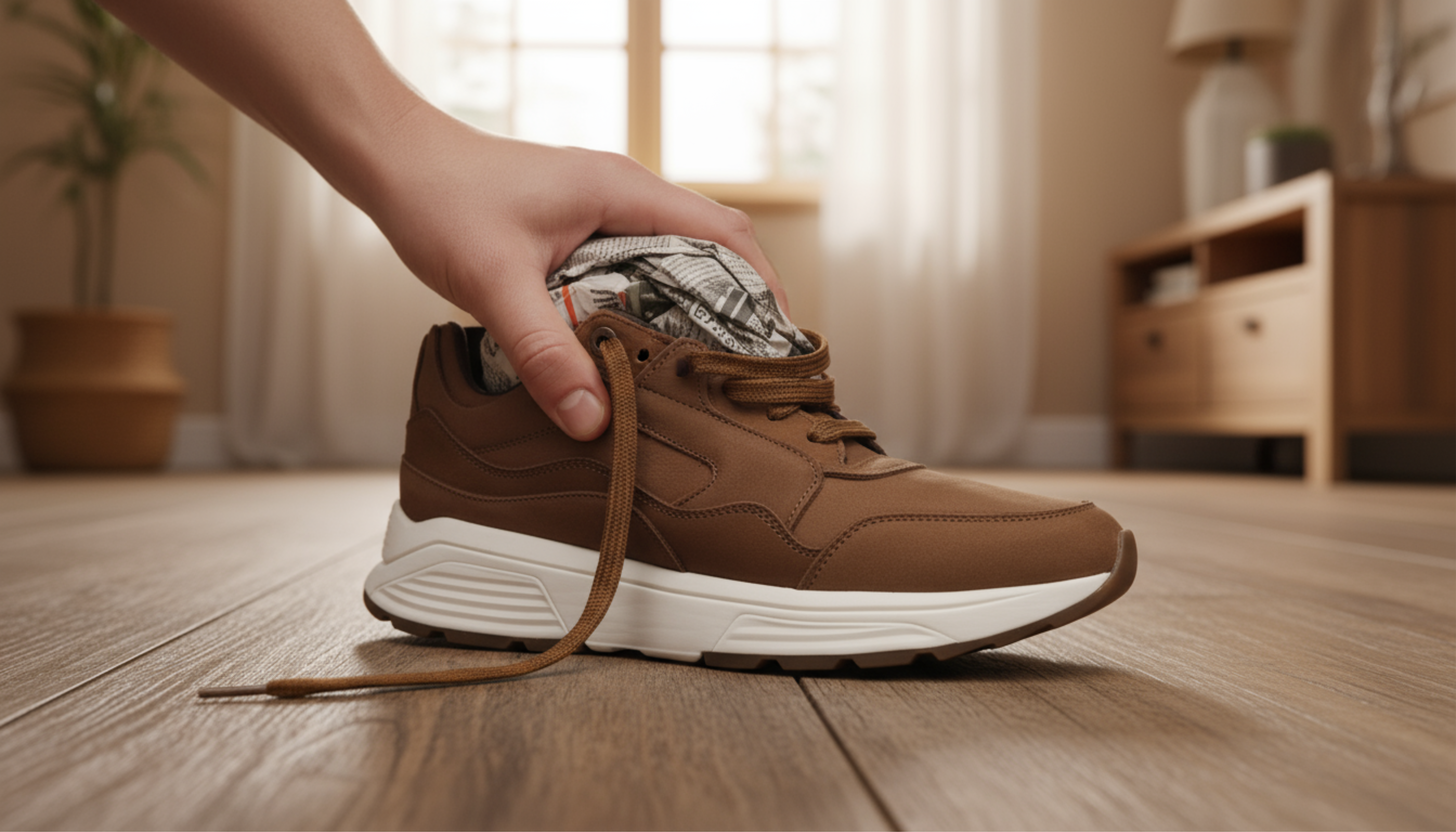 Close-up van een bruine herensneaker met stevige witte zool, waarbij een hand de schoen met papier opvult. Ideaal voor dagelijks gebruik en een sportieve casual look.