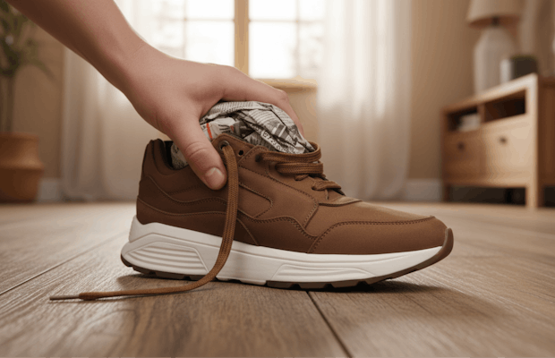 Close-up van een bruine herensneaker met stevige witte zool, waarbij een hand de schoen met papier opvult. Ideaal voor dagelijks gebruik en een sportieve casual look.