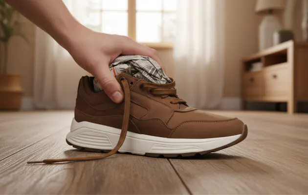 Close-up van een bruine herensneaker met stevige witte zool, waarbij een hand de schoen met papier opvult. Ideaal voor dagelijks gebruik en een sportieve casual look.