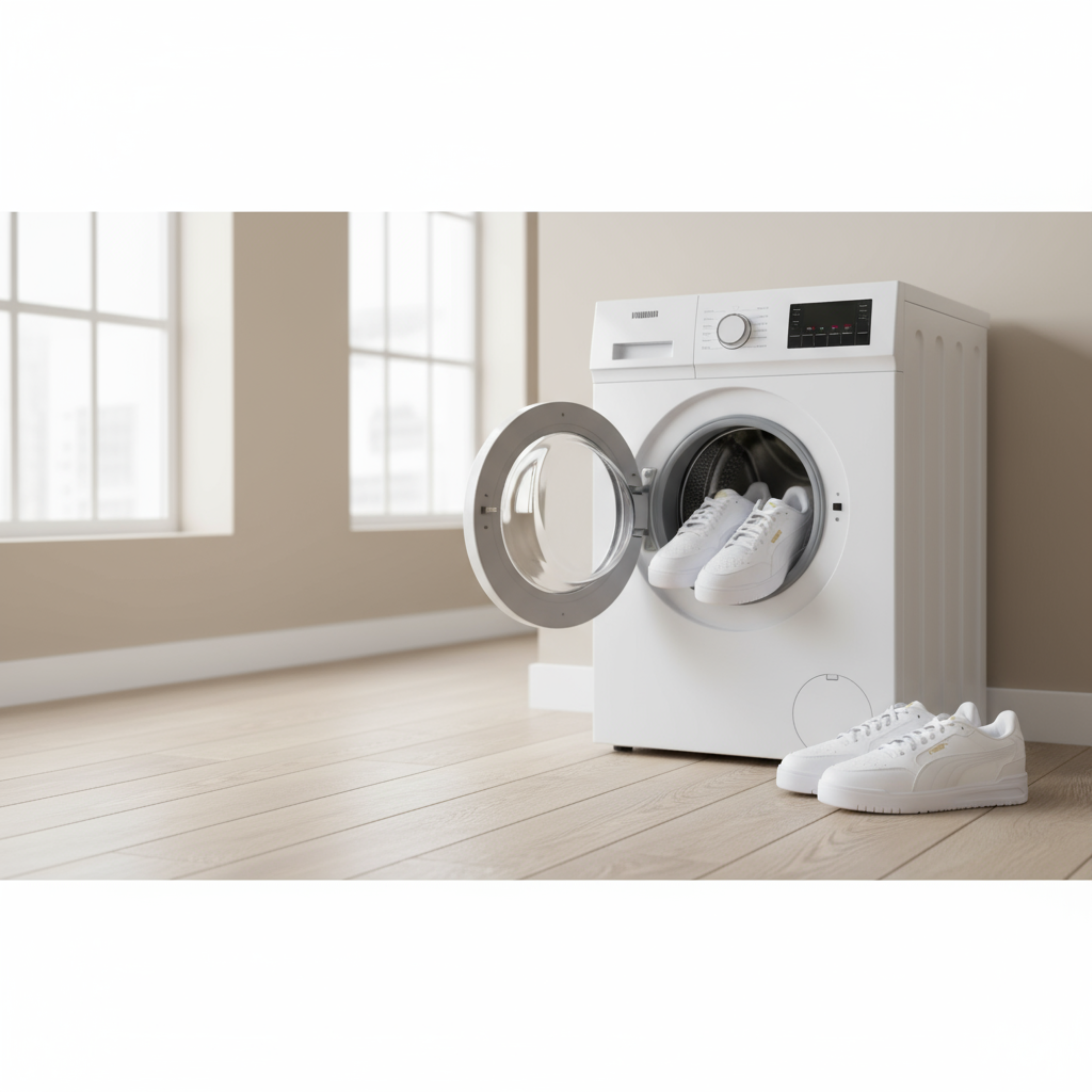 Vrouw in een lange beige gebreide jurk draagt zwarte laarzen met grove zool in een warm en modern interieur.