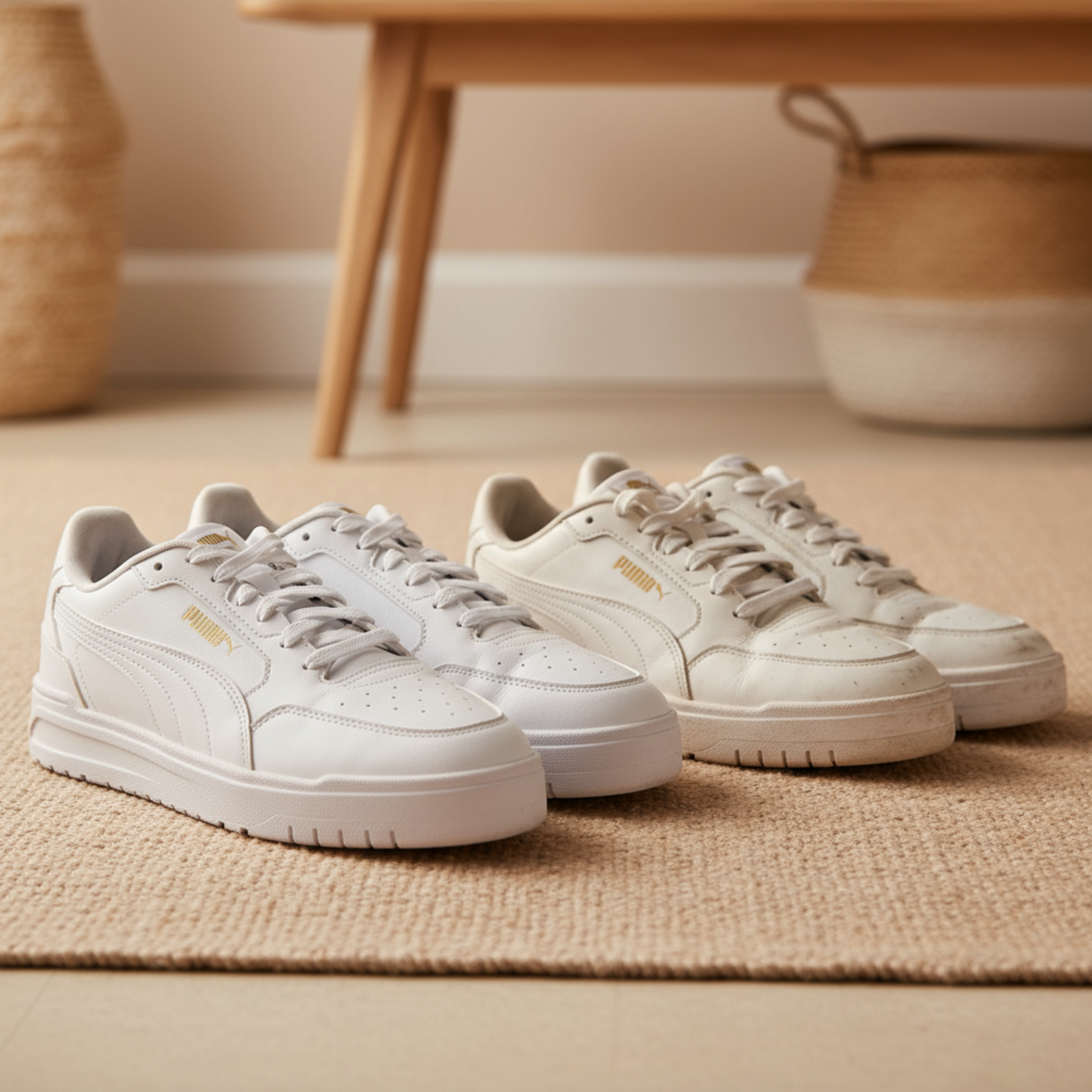 Twee paar witte Puma sneakers naast elkaar: één schoon en fris, het andere zichtbaar gedragen en vuil, geplaatst op een beige vloerkleed in een modern interieur.