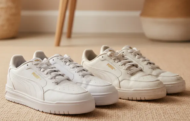 Twee paar witte Puma sneakers naast elkaar: één schoon en fris, het andere zichtbaar gedragen en vuil, geplaatst op een beige vloerkleed in een modern interieur.