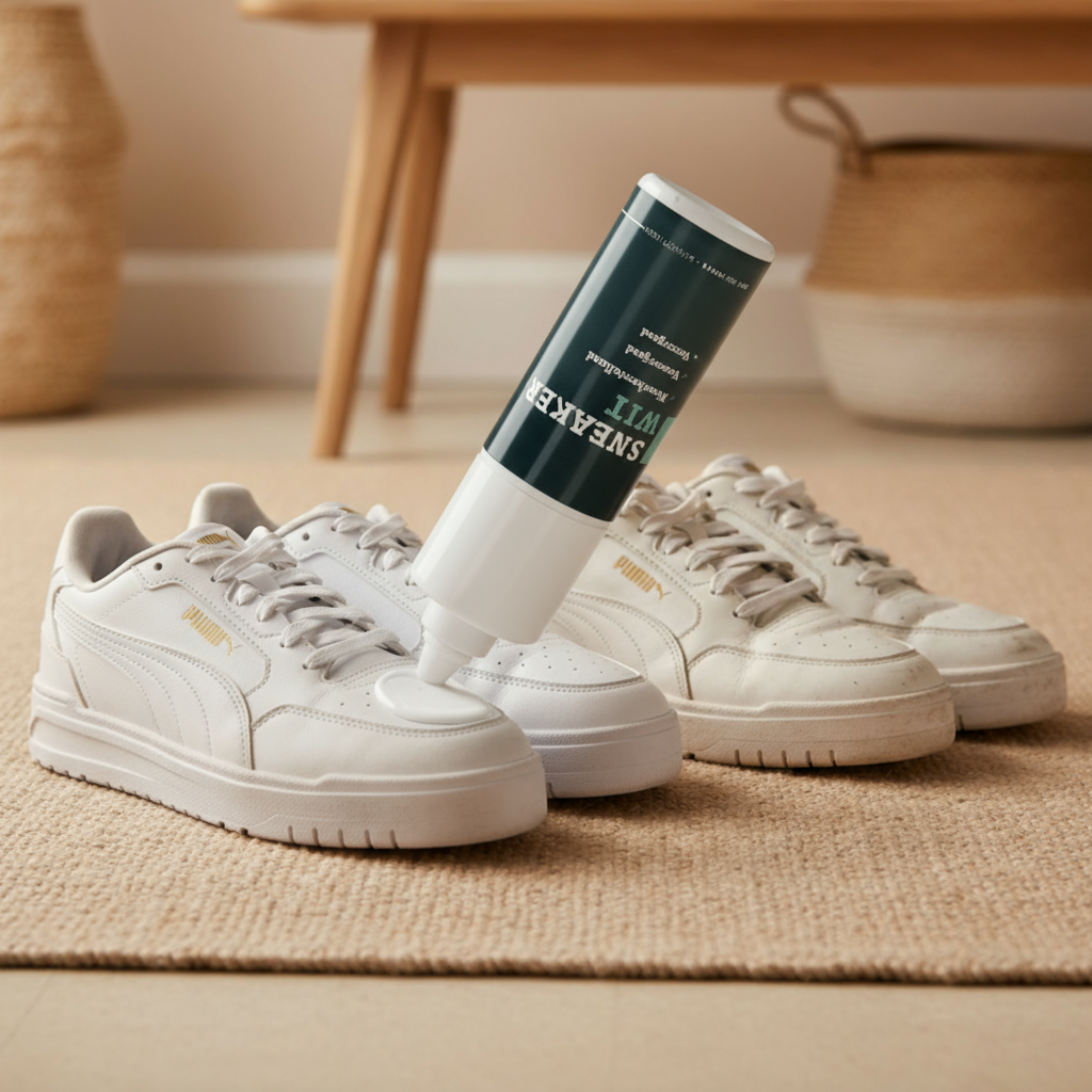 Twee paar witte Puma sneakers naast elkaar: een vies en een schoon paar. Op de schoen van het schone paar wordt Sneaker Wit aangebracht met een sponsapplicator.