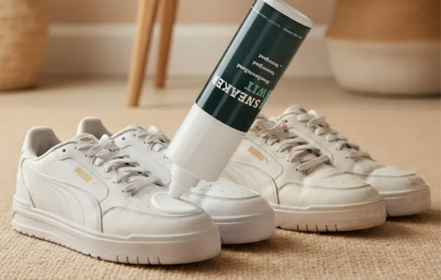 Twee paar witte Puma sneakers naast elkaar: een vies en een schoon paar. Op de schoen van het schone paar wordt Sneaker Wit aangebracht met een sponsapplicator.