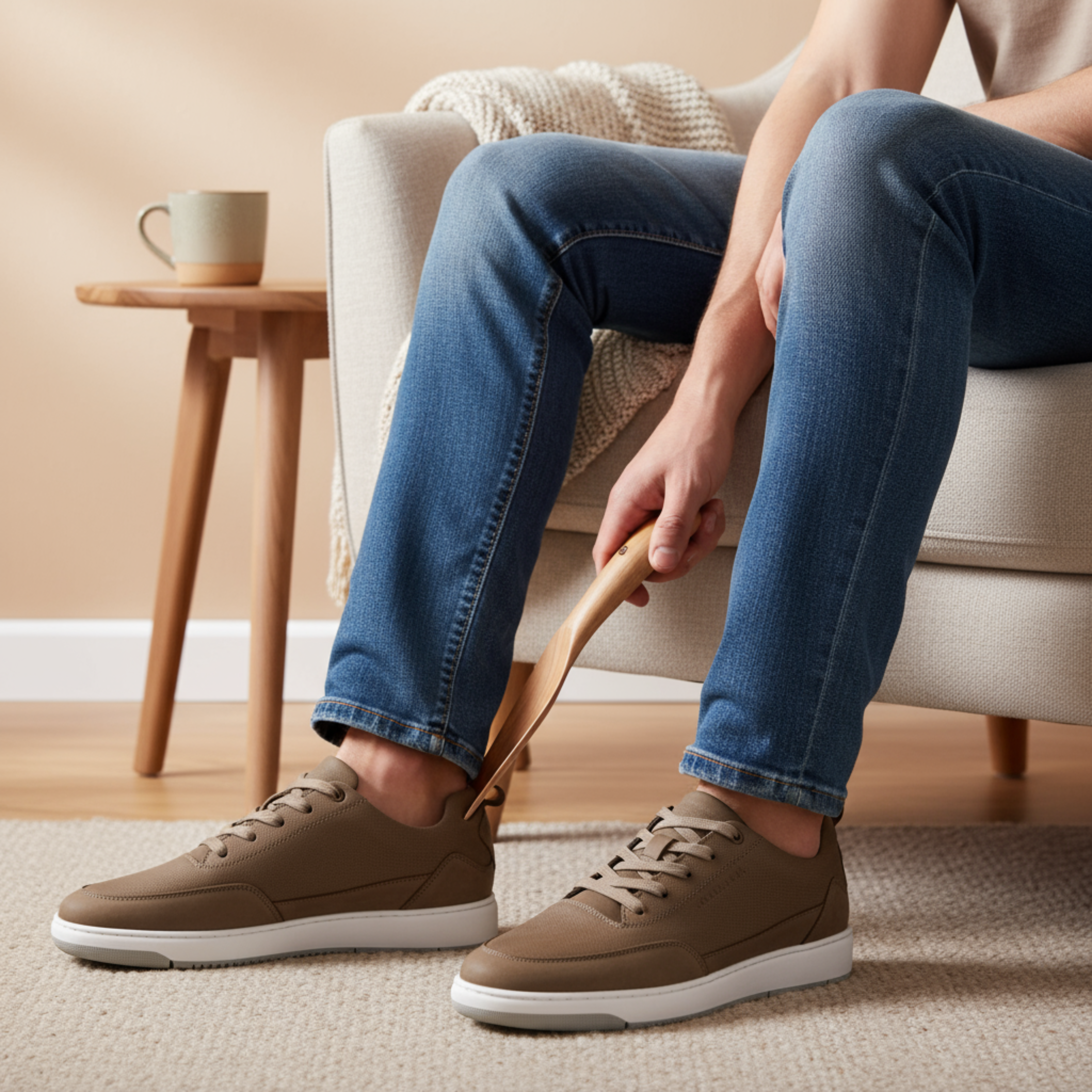 Man trekt bruine herensneakers met witte zool aan met behulp van een houten schoenlepel, ideaal voor dagelijks gemak en comfort.