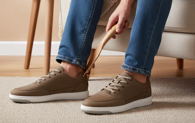 Man trekt bruine herensneakers met witte zool aan met behulp van een houten schoenlepel, ideaal voor dagelijks gemak en comfort.