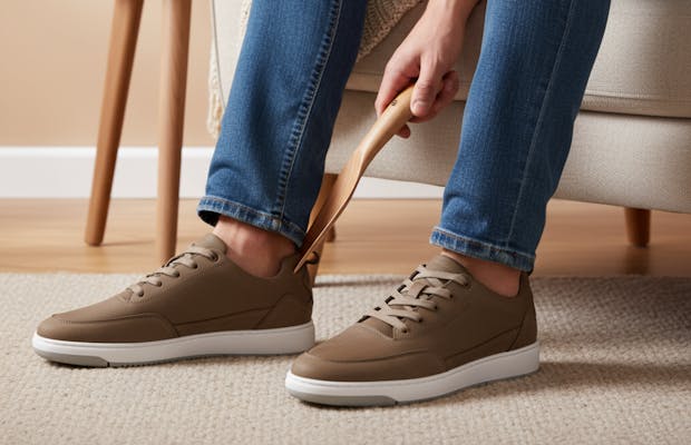 Man trekt bruine herensneakers met witte zool aan met behulp van een houten schoenlepel, ideaal voor dagelijks gemak en comfort.