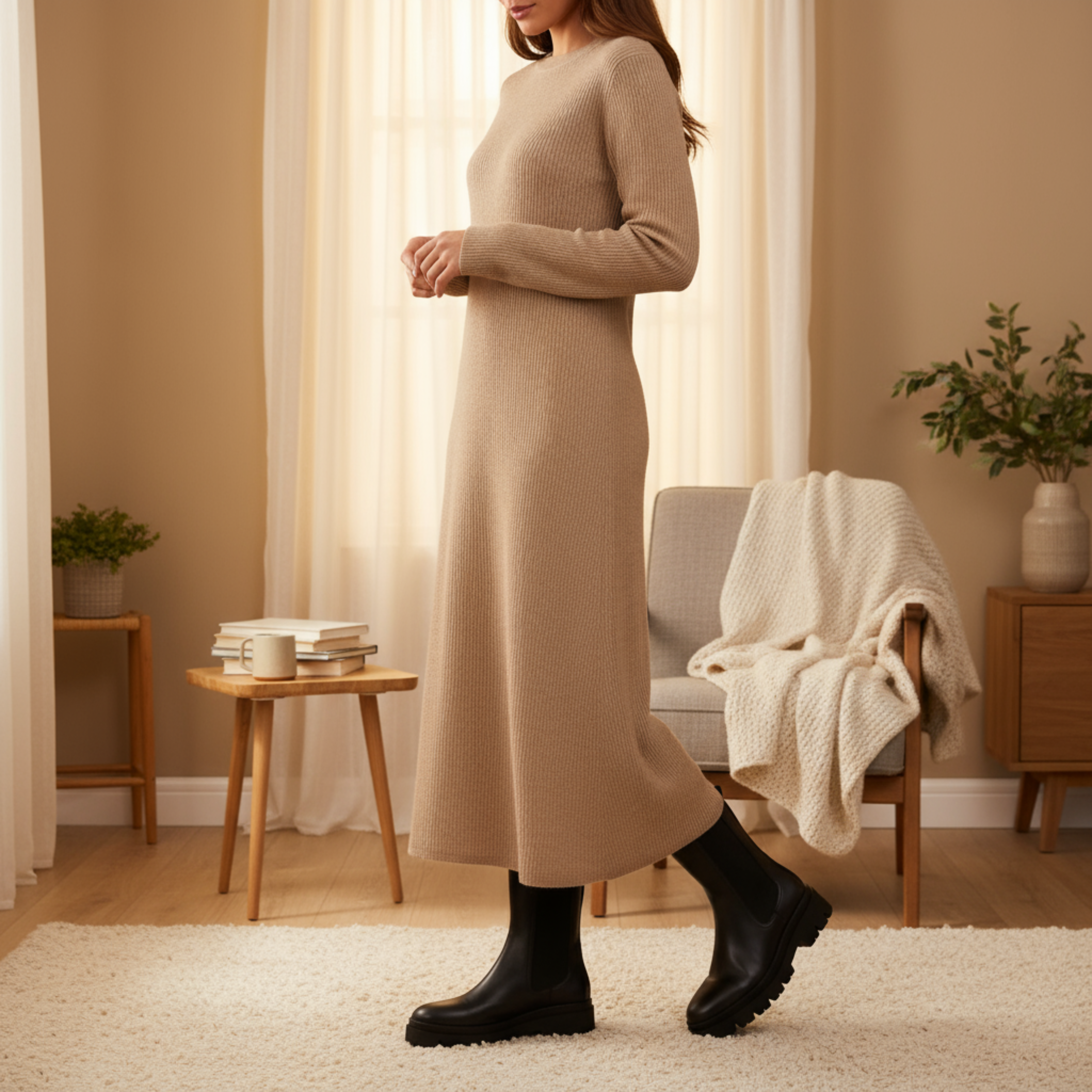 Vrouw in een lange beige gebreide jurk draagt zwarte laarzen met grove zool in een warm en modern interieur.

