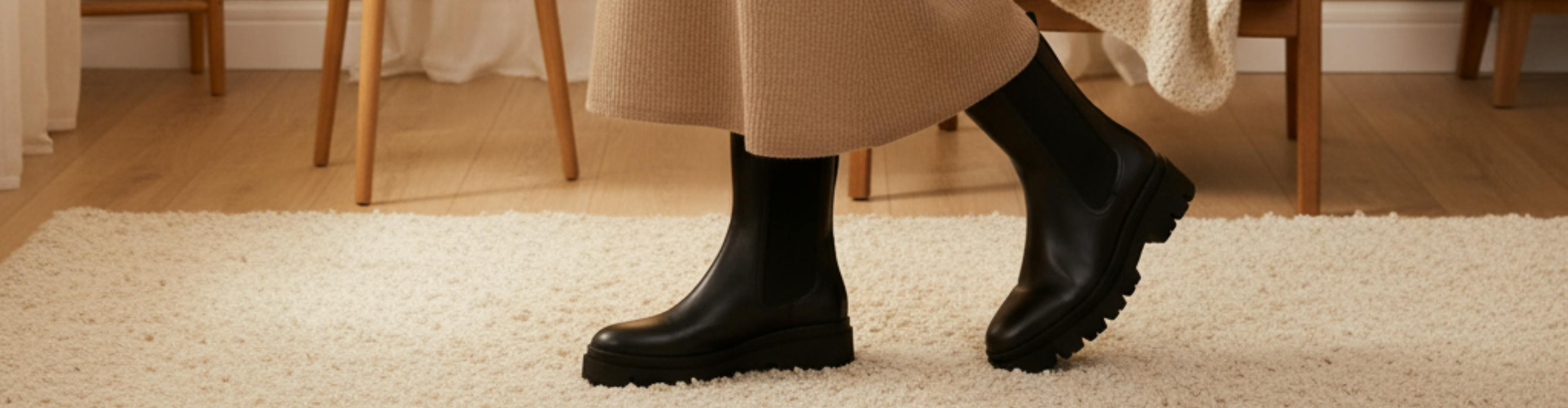Vrouw in een lange beige gebreide jurk draagt zwarte laarzen met grove zool in een warm en modern interieur.