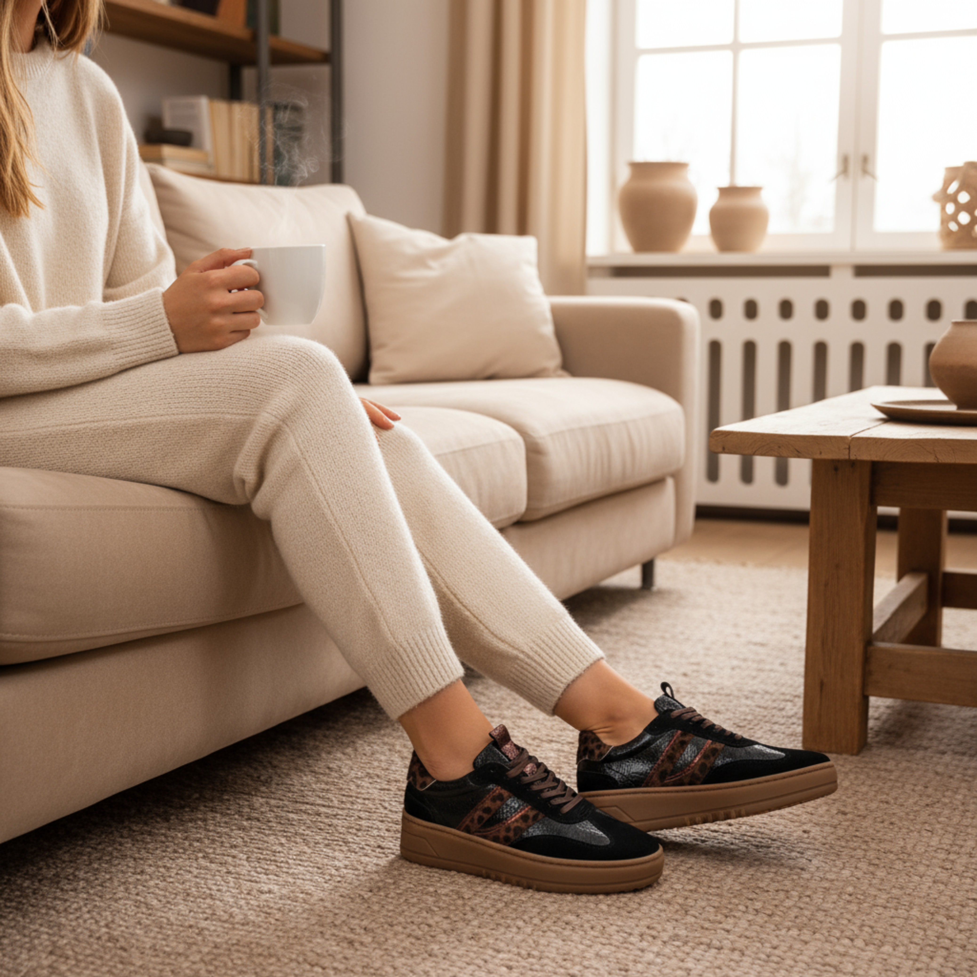 Vrouw in beige loungewear zit op de bank met een kop koffie en draagt zwarte sneakers met panterprint details en bruine zool, ideaal voor een stijlvolle en comfortabele look in huis.