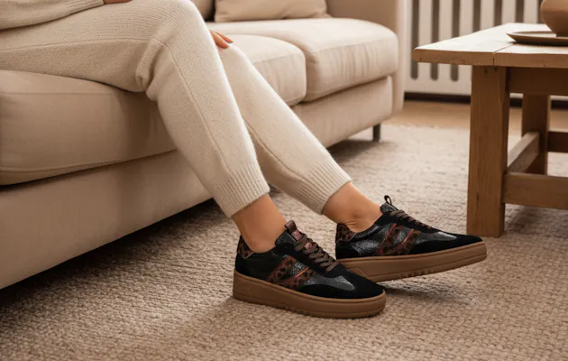 Vrouw in beige loungewear zit op de bank met een kop koffie en draagt zwarte sneakers met panterprint details en bruine zool, ideaal voor een stijlvolle en comfortabele look in huis.