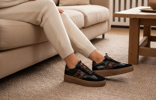 Vrouw in beige loungewear zit op de bank met een kop koffie en draagt zwarte sneakers met panterprint details en bruine zool, ideaal voor een stijlvolle en comfortabele look in huis.