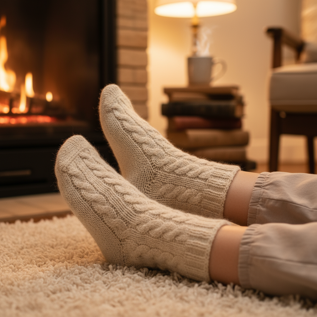 Beige wollen huissokken met stijlvol vlechtmotief, gedragen bij de open haard op een zacht tapijt voor een knusse en warme sfeer.