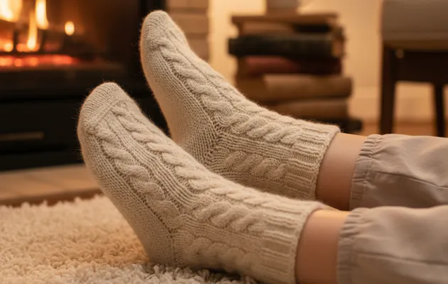 Beige wollen huissokken met stijlvol vlechtmotief, gedragen bij de open haard op een zacht tapijt voor een knusse en warme sfeer.