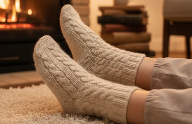 Beige wollen huissokken met stijlvol vlechtmotief, gedragen bij de open haard op een zacht tapijt voor een knusse en warme sfeer.
