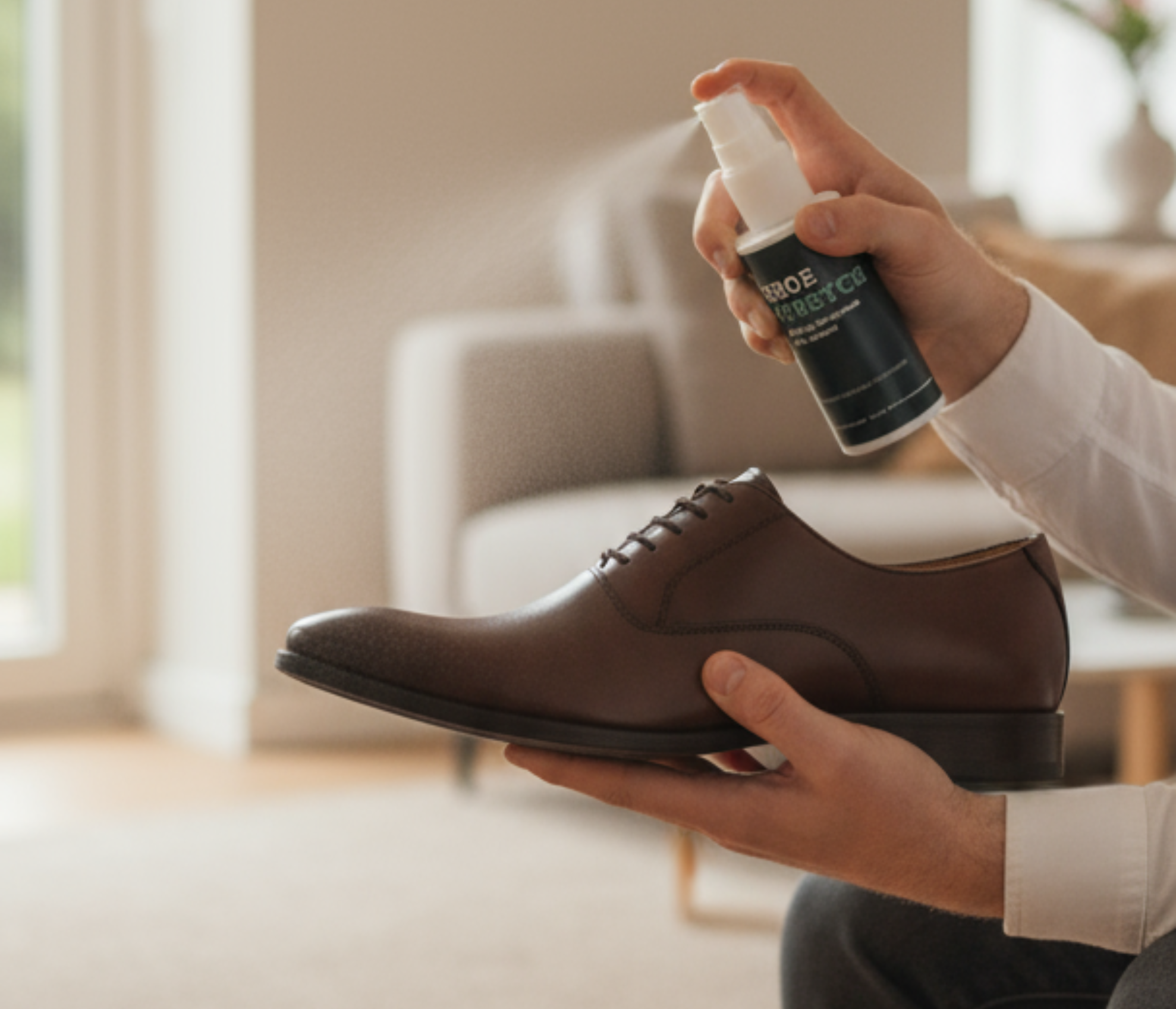 Hand sprayt bruine leren herenschoen met verzorgingsspray voor optimale bescherming en langdurige glans.