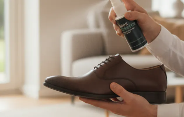 Hand sprayt bruine leren herenschoen met verzorgingsspray voor optimale bescherming en langdurige glans.