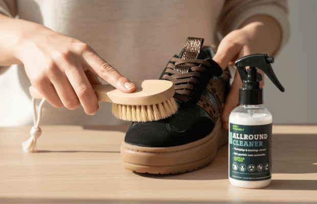 Handen die met een houten borstel en Allround Cleaner-spray een paar sneakers met panterdetails schoonmaken op een houten tafel in een lichte kamer.