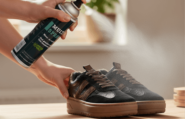 Handen die een paar sneakers inspuiten met Multispray op een houten tafel, in een warme en lichte woonkamer.