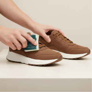 Hand die met een suèdegom een vlek verwijdert van een bruine sneaker met witte zool op een beige achtergrond.