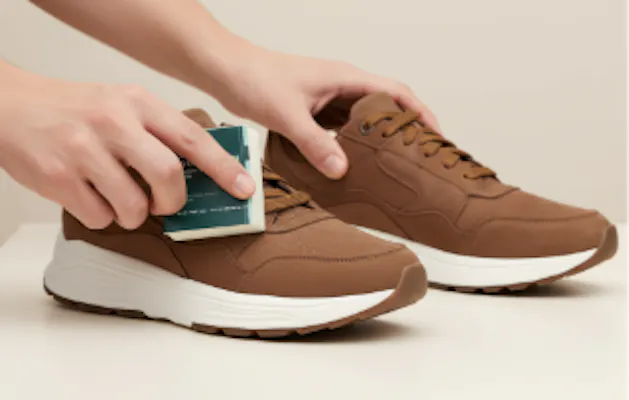 Hand die met een suèdegom een vlek verwijdert van een bruine sneaker met witte zool op een beige achtergrond.
