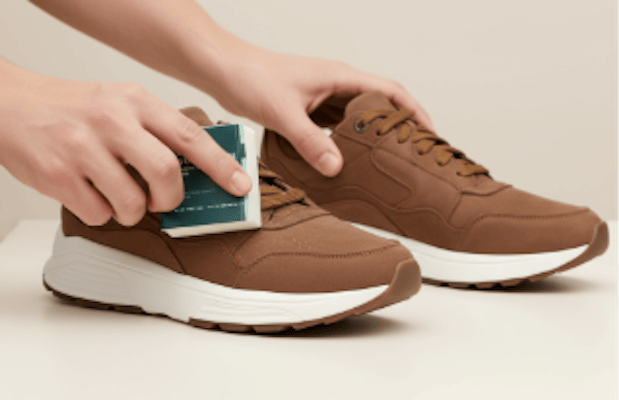 Hand die met een suèdegom een vlek verwijdert van een bruine sneaker met witte zool op een beige achtergrond.