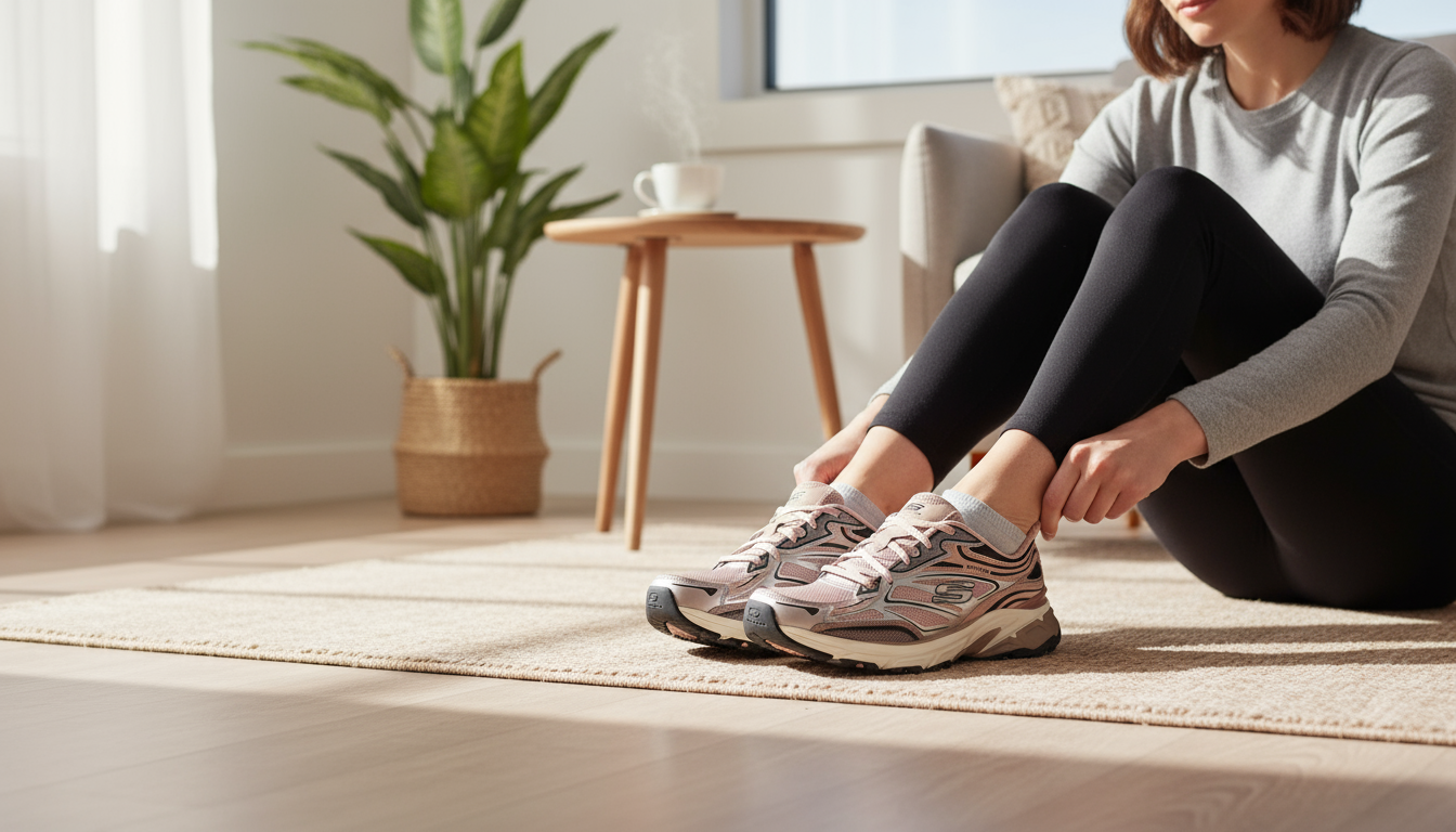 Vrouw zit op een kleed in een zonnige woonkamer en trekt haar roze Skechers sneakers aan, met een kop koffie op de achtergrond en een ontspannen sfeer.