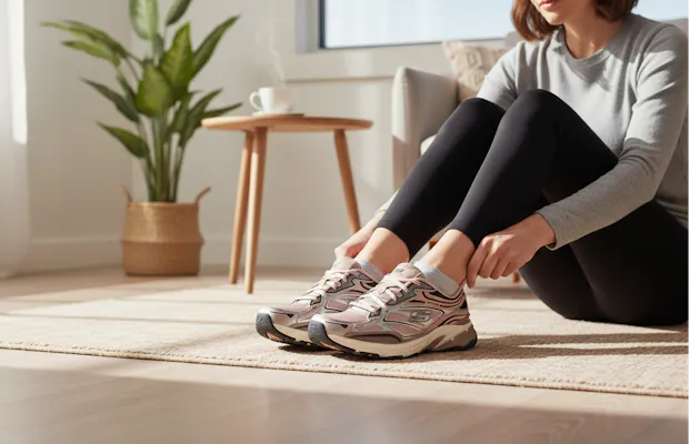 Vrouw zit op een kleed in een zonnige woonkamer en trekt haar roze Skechers sneakers aan, met een kop koffie op de achtergrond en een ontspannen sfeer.