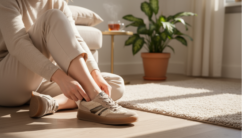 Vrouw zit op de vloer in een zonovergoten woonkamer en trekt haar beige sneakers aan, met een kop thee en een groene plant op de achtergrond.