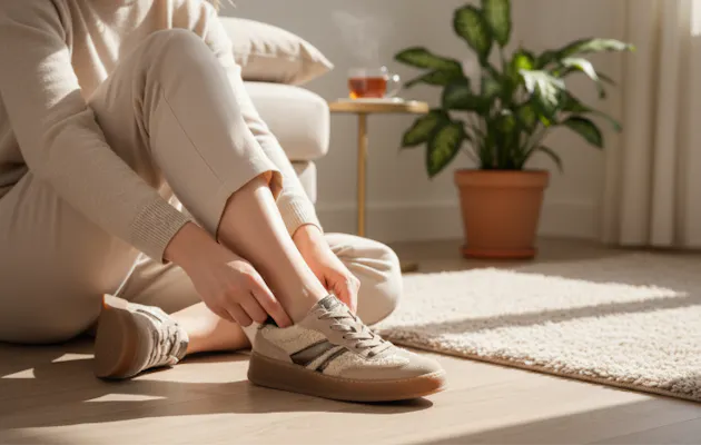 Vrouw zit op de vloer in een zonovergoten woonkamer en trekt haar beige sneakers aan, met een kop thee en een groene plant op de achtergrond.