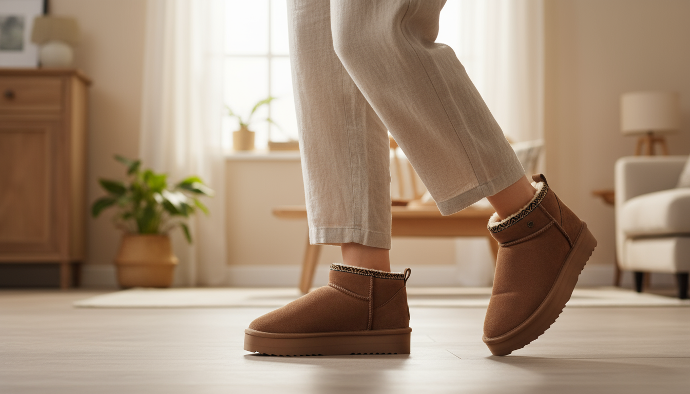 lose-up van iemand die warme bruine pantoffels draagt in een zonnige woonkamer met beige tinten, houten meubels en een ontspannen sfeer.