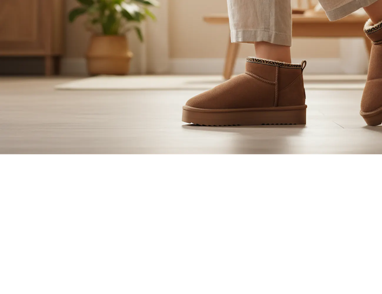 lose-up van iemand die warme bruine pantoffels draagt in een zonnige woonkamer met beige tinten, houten meubels en een ontspannen sfeer.