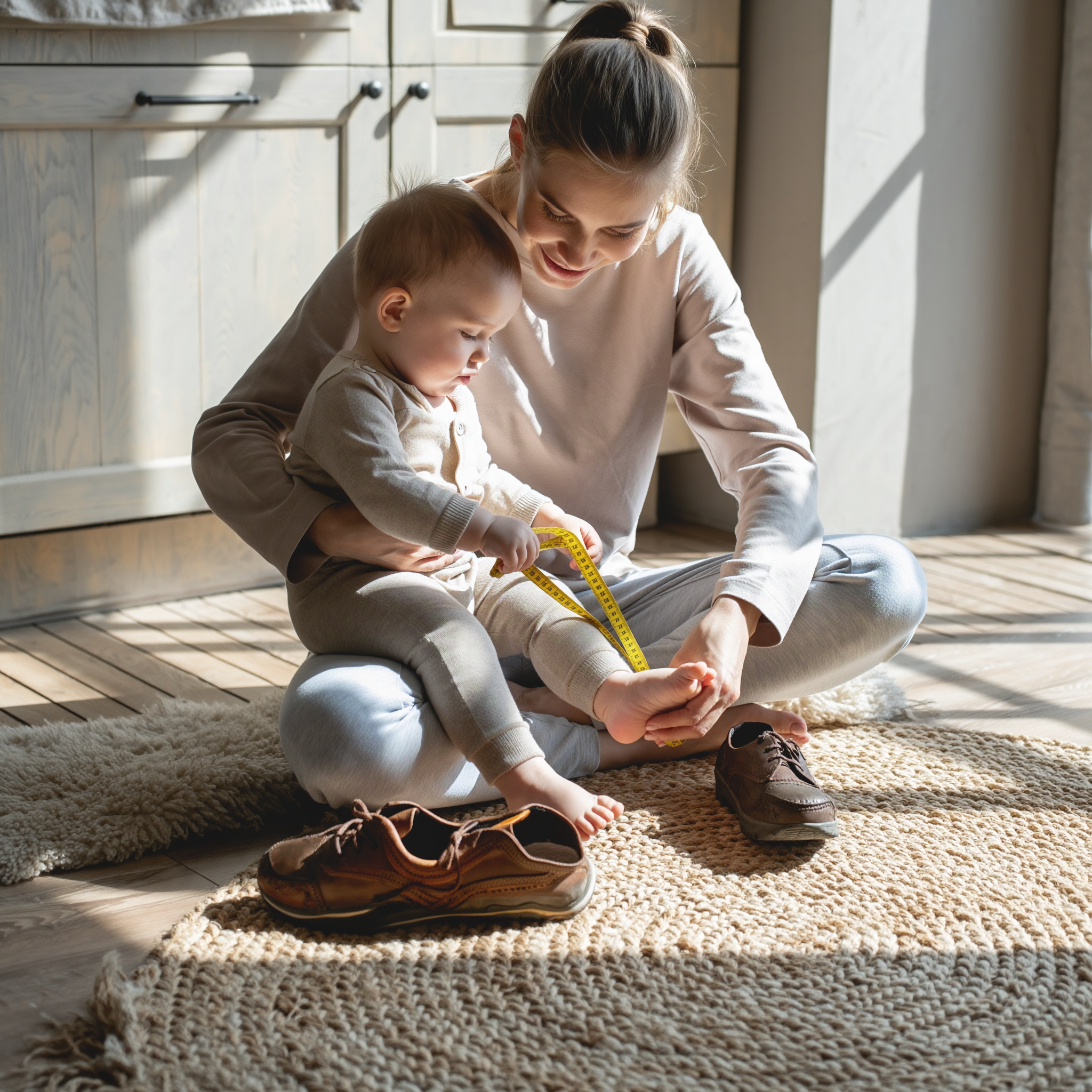 Moeder zit met haar baby op de grond en meet de kleine voet met een geel centimeterlint in een zonnige kamer met warme, natuurlijke tinten.